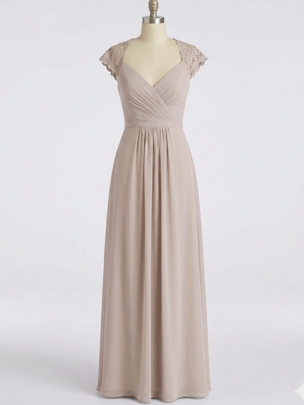 🖤 David's Bridal F19505 Biscotti Long Mesh Dress Lace Cap Sleeve Bridesmaid 8